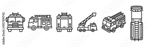Six distinct black outline fire truck icons are displayed in various perspectives, showcasing different angles and features of emergency vehicles in a clean, minimalist line art style