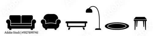 Diverse collection of black silhouette icons depicting essential home furniture and decor elements, rendered in a modern, minimalist graphic style