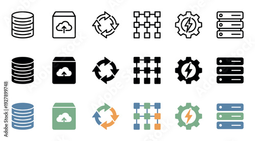 Diverse set of digital technology and data icons illustrating various computing concepts in outline, solid, and vibrant color styles