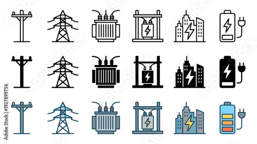 Comprehensive set of electricity and power icons is presented in three distinct styles, showcasing essential elements of energy generation, transmission, and consumption