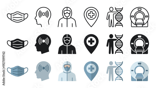 Various medical and science related icons are displayed in three distinct styles: outline, solid, and flat, illustrating concepts of health, research, and safety
