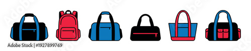 Various colorful illustrated bags in a row display different styles, including duffel bags, a backpack, a tote, and a handbag, each with distinct color combinations and functional details
