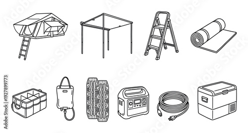 This collection of outdoor adventure gear icons features a rooftop tent, awning, ladder, sleeping pad, cooler, shower, recovery tracks, power station, cable, and fridge in a clean line art style
