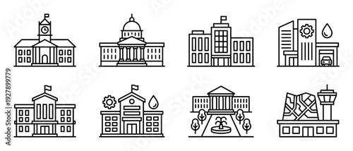 Eight distinct black outline vector icons depict various public and government buildings, showcasing essential civic infrastructure in a clean, modern design
