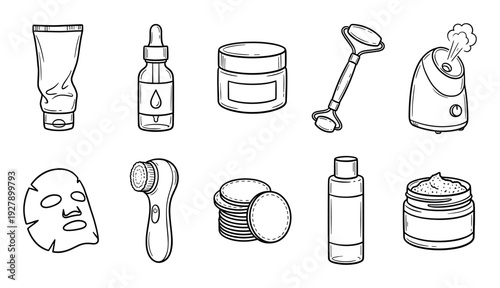 Various hand-drawn black outline skincare beauty products and tools are neatly arranged, showcasing a collection of essential items for a daily facial routine in a clean, illustrative style