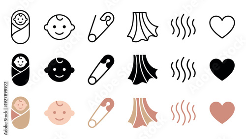 Various baby care and infant related icons are displayed in a grid, showcasing outline, solid black, and muted color fill styles, perfect for illustrating newborn essentials and parental love themes