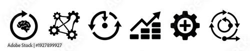 Six distinct black business process icons illustrate concepts of continuous improvement, innovation, collaboration, growth, and optimization in a clean, professional vector style