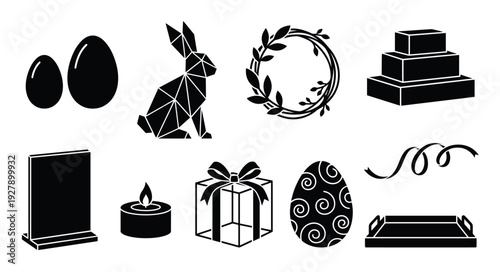 Collection of diverse black silhouette icons featuring Easter eggs, a geometric rabbit, a wreath, and celebration elements in a minimalist graphic style