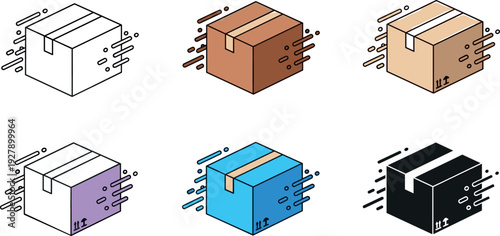 Shipping and Delivery Package Box Icon Set with Cardboard Parcels in Multiple Colors for Logistics, E Commerce, Warehouse, and Transport Designs