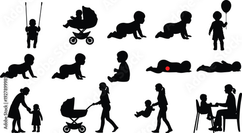 Baby growth stages silhouettes set, newborn to toddler development, parenting and childcare concept, black isolated vector illustration collection