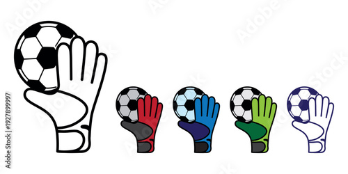 Soccer goalkeeper gloves catching colorful footballs with hand illustration design