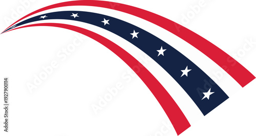 USA flag wave stripe vector set patriotic red white blue swoosh ribbon. Curved banner elements with stars for Independence Day design and election theme. Clean minimal editable shapes isolated on whit