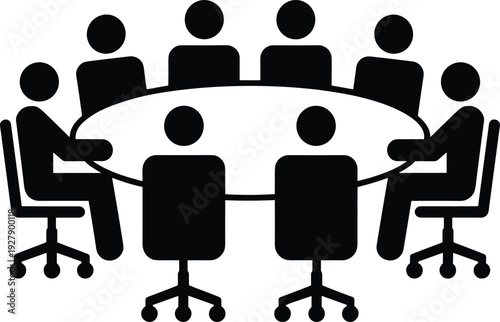 Business meeting silhouette icon, team discussion around conference table, corporate boardroom teamwork concept vector illustration isolated on white