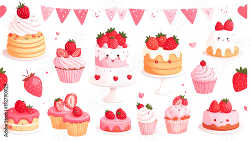 Cute strawberry desserts illustration set with pancakes cake parfait and pastry kawaii sweets