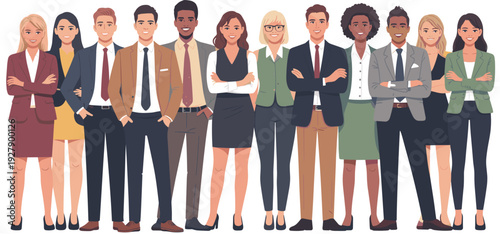 Diverse business team standing together portrait, professional office staff group, corporate leadership unity concept, flat vector illustration set