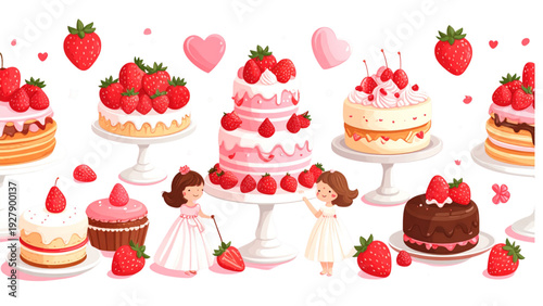 Cute strawberry desserts illustration set with pancakes cake parfait and pastry kawaii sweets