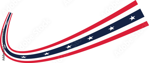 USA flag wave stripe vector set patriotic red white blue swoosh ribbon. Curved banner elements with stars for Independence Day design and election theme. Clean minimal editable shapes isolated on whit