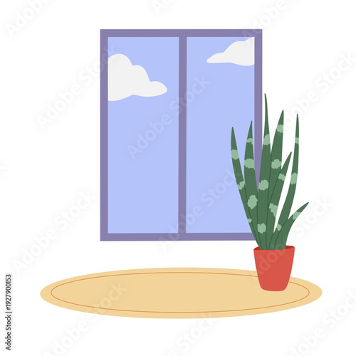 Minimal interior scene with window, rug and potted snake plant. Flat vector illustration for home decor concepts, web banners, landing pages, UI design and modern lifestyle graphics