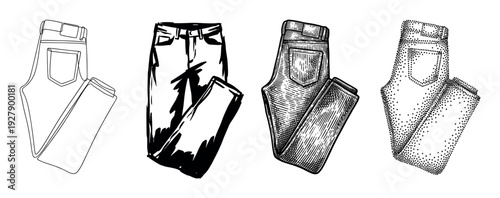 Four distinct black and white illustrated folded jeans are presented in various artistic styles, including continuous line, bold brush stroke, detailed engraving, and intricate stipple art