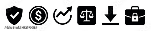 Set of six distinct black and white icons clearly illustrates essential concepts such as security, finance, growth, justice, download, and business, presented in a clean, modern graphic style
