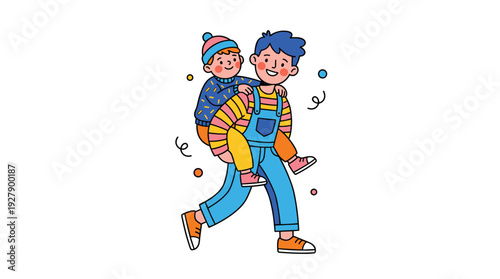 Smiling Sibling Brothers Children Giving piggyback ride and playing happily Childhood fun family relationship Cheerful vibrant cartoon outline illustration Clean white background vector art