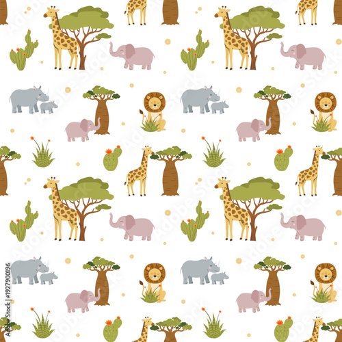 Seamless vector pattern with cute safari animals and baobab trees. African nursery textile with rhino family, giraffe and elephant isolated on transparent background.