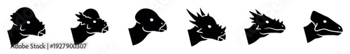 Six distinct black dinosaur or dragon head silhouettes are arranged horizontally, showcasing various prehistoric creature profiles with minimalist graphic design