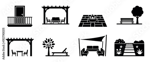 Various black silhouette outdoor garden elements icons depicting a balcony, pergola, fire pit, bench, lounge, and garden path, presented in a clean, minimalist graphic style