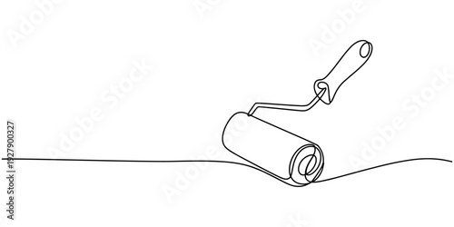 Continuous one line drawing of paint roller, paint roller brush work industry object line art, one line art paint roller vector illustration.