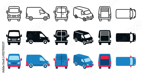Various delivery van icons in outline, solid black, and vibrant blue styles are shown from multiple perspectives, including front, side, rear, isometric, and top views, for commercial transport