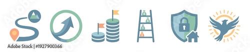 Six distinct flat design icons illustrate concepts of financial growth, secure investments, personal achievement, and future planning in a clean, modern vector style