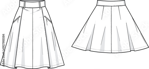 A-line paneled skirt technical flat sketch, front and back view, fashion cad drawing, female apparel vector illustration for design development.