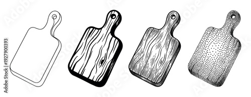 Four distinct black and white cutting board illustrations showcasing different artistic styles including line art, wood grain, hatching, and stipple, presented with a slight angle