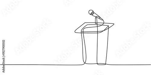 A continuous one line drawing of a speakers podium with an integrated microphone, suitable for illustrating public speaking events, conferences, educational content, and communication