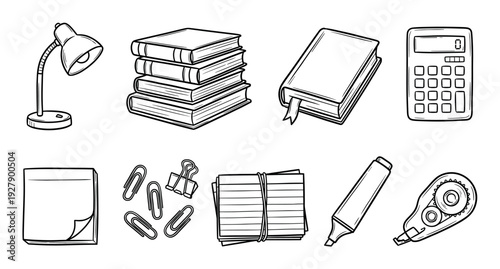 Various hand-drawn black and white study and office supplies are neatly arranged, showcasing a collection of essential educational and work items in a clean, illustrative doodle style