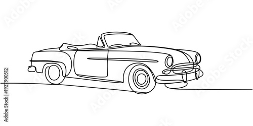 One single line drawing of old retro vintage auto car. Classic transportation vehicle concept. Vintage racing car driving on dusty road. Continuous line draw design illustration