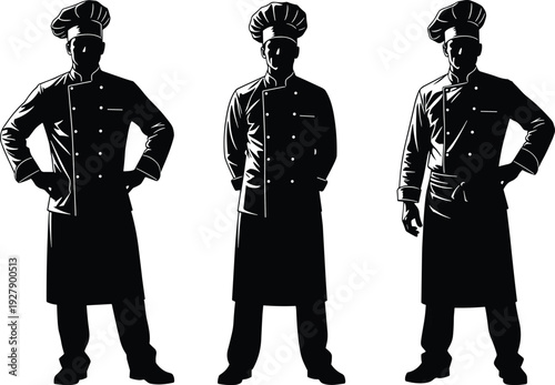 Chef silhouettes collection with professional cook uniforms, culinary worker characters set, restaurant kitchen concept illustration isolated on white background