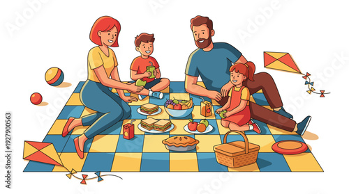 Cheerful family, parents, children, Siblings enjoying picnic with food on checkered blanket. Outdoor leisure, healthy lifestyle, bonding. Vibrant cartoon flat vector, warm colors, isolated on white.