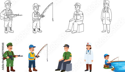 Cartoon profession characters set featuring soldier, fisherman, police officer and doctor, outline and colored versions, vector illustration collection isolated