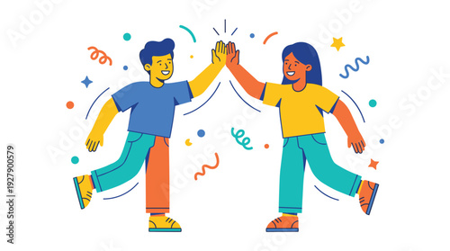 Siblings joyfully giving high five with festive confetti, symbolizing teamwork and success, in a modern flat illustration style with vibrant colors, isolated vector graphic.