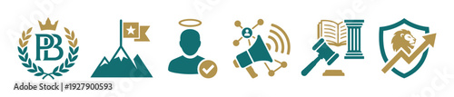 Six distinct teal and gold business icons are displayed horizontally, symbolizing concepts of achievement, integrity, communication, justice, and growth in a clean flat graphic style