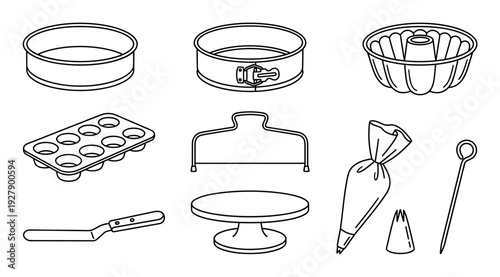 Collection of essential baking tools and equipment is neatly arranged, featuring various cake pans, a muffin tin, and decorating accessories in a clean outline style