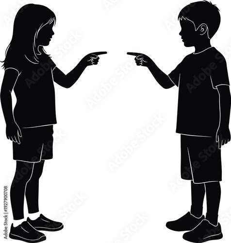 Children arguing silhouette illustration with boy and girl pointing fingers, conflict interaction concept, minimalist vector artwork isolated on white background