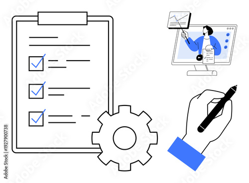 Workflow management. Workflow elements include checklist, gear, and handwriting for task organization. Workflow online presentation for team collaboration and process efficiency. For project