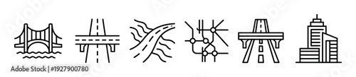 Six distinct black outline icons depicting various urban infrastructure elements like bridges, roads, maps, and city buildings, rendered in a modern, minimalist line art style