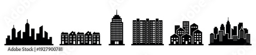 Black silhouettes of various city buildings and houses create a diverse urban landscape, featuring modern skyscrapers, apartment blocks, and traditional residential homes in a clean, graphic style
