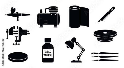 Black silhouette icons of various crafting and hobby tools and supplies, including an airbrush, vise, and varnish, are presented with a clean, modern, and graphic design aesthetic