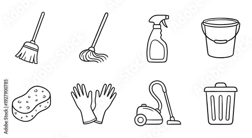Eight hand-drawn outline cleaning tools and supplies icons are neatly arranged, depicting common household items with a simple, illustrative style