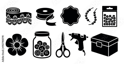 Various black silhouette craft and sewing supplies are neatly arranged, featuring a roll of lace, ribbon, buttons, scissors, and a glue gun, presented in a clean, graphic style
