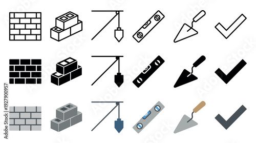 Construction building tools icons set features a brick wall, cinder blocks, plumb bob, spirit level, trowel, and checkmark in outline, solid, and colored flat design styles